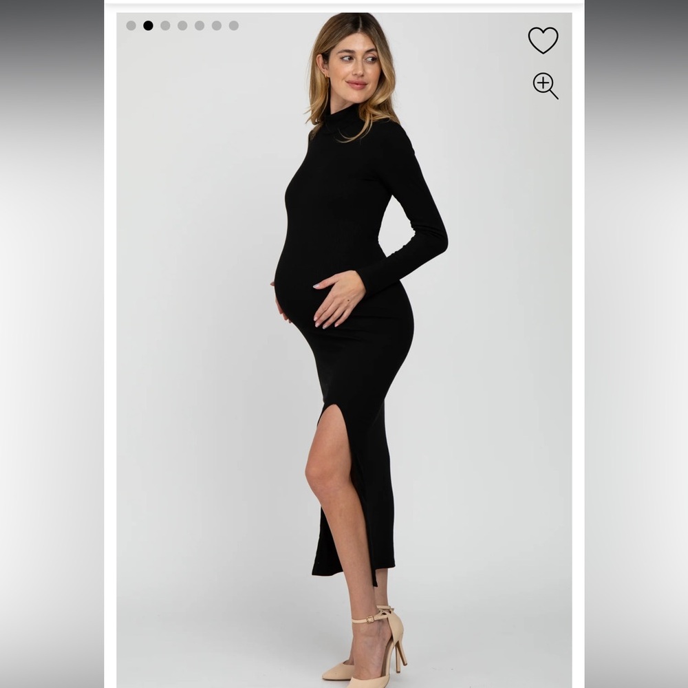 Black Ribbed Mock Neck Side Slit Maternity Maxi Dress